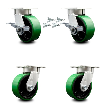 Service Caster 5 Inch Kingpinless Green Poly on Steel Wheel Caster Swivel Locks 2 Brakes, 4PK SCC-KP30S520-PUR-GB-SLB-BSL-2-BSL-2